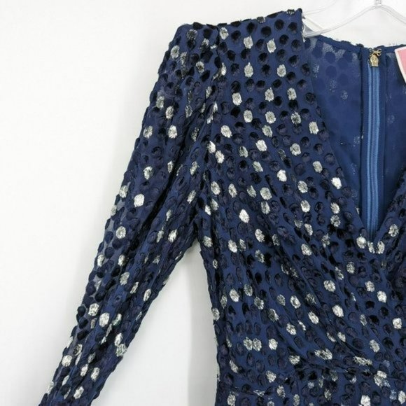 Kate Spade Scatter Dot Dress 6 Navy Silver Faux Wrap Ruffle Velvet Long Sleeve - Picture 3 of 14